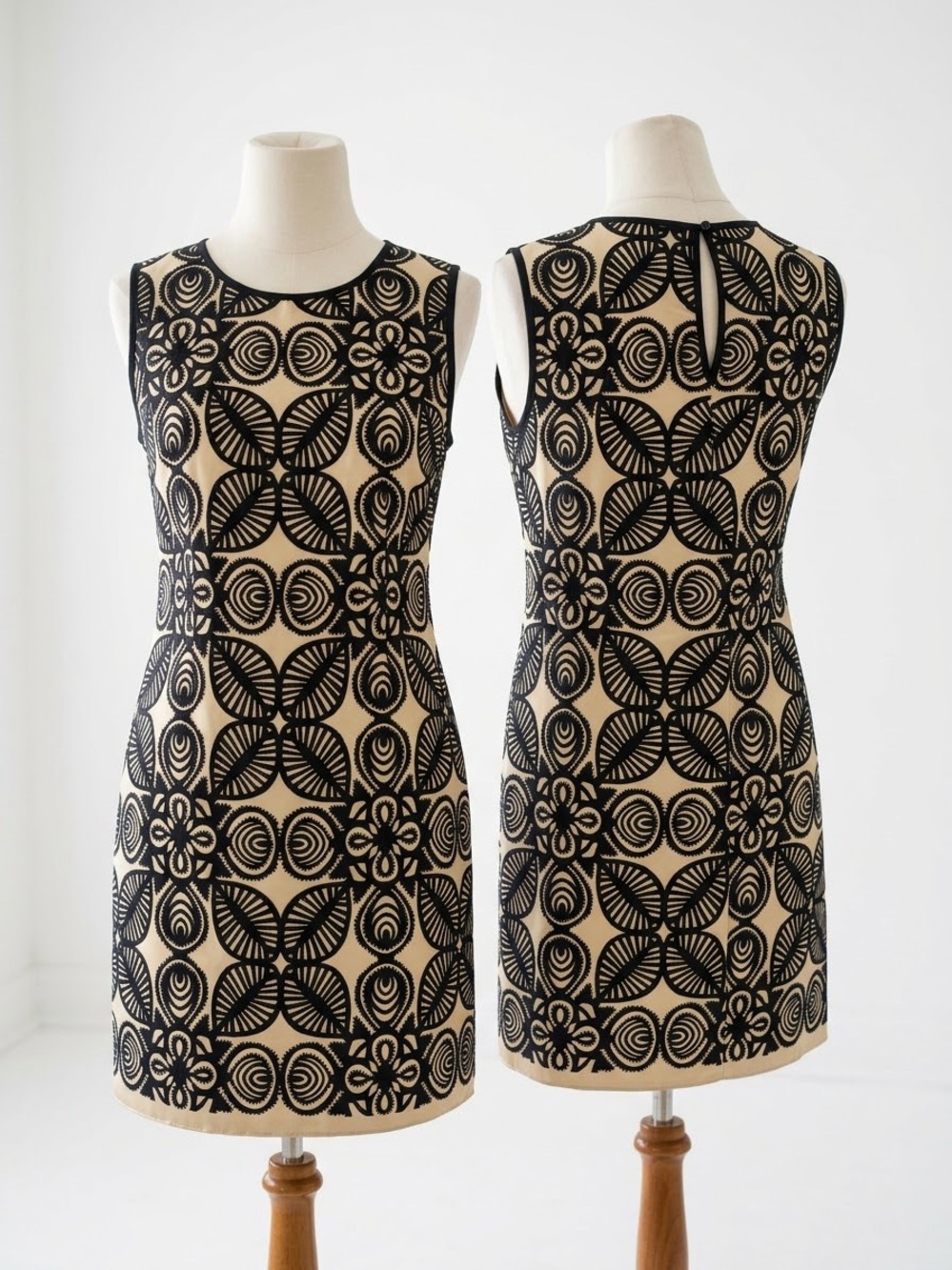 Sleeveless Black Lace-Overlay Shift Dress in Cream